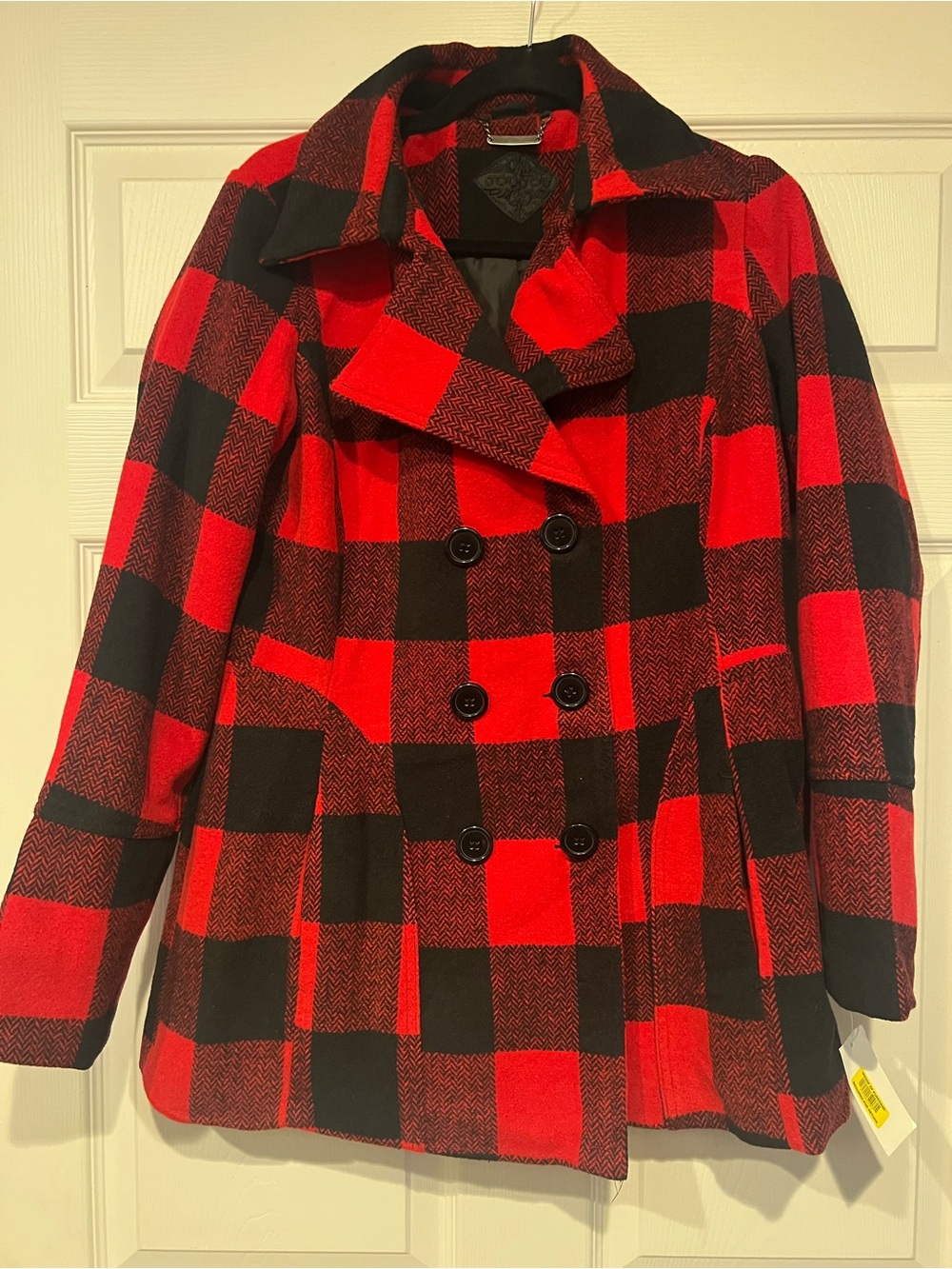 Women’s JouJou Red and Black Plaid Double-Breasted Peacoat